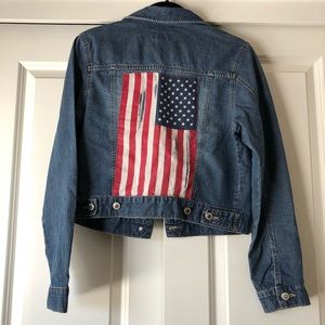 Vtg Upcycled American Flag Denim Jacket